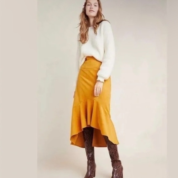 Anthropologie Maeve cosmina yellow vegan faux suede high low midi skirt size 00p - Picture 2 of 12